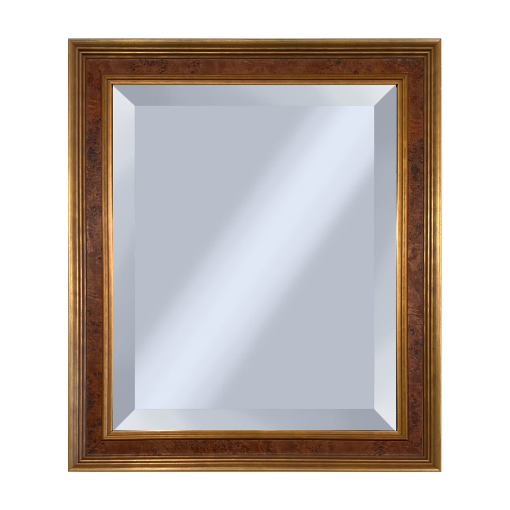 Decorative burl mirror with a gold frame on a white background