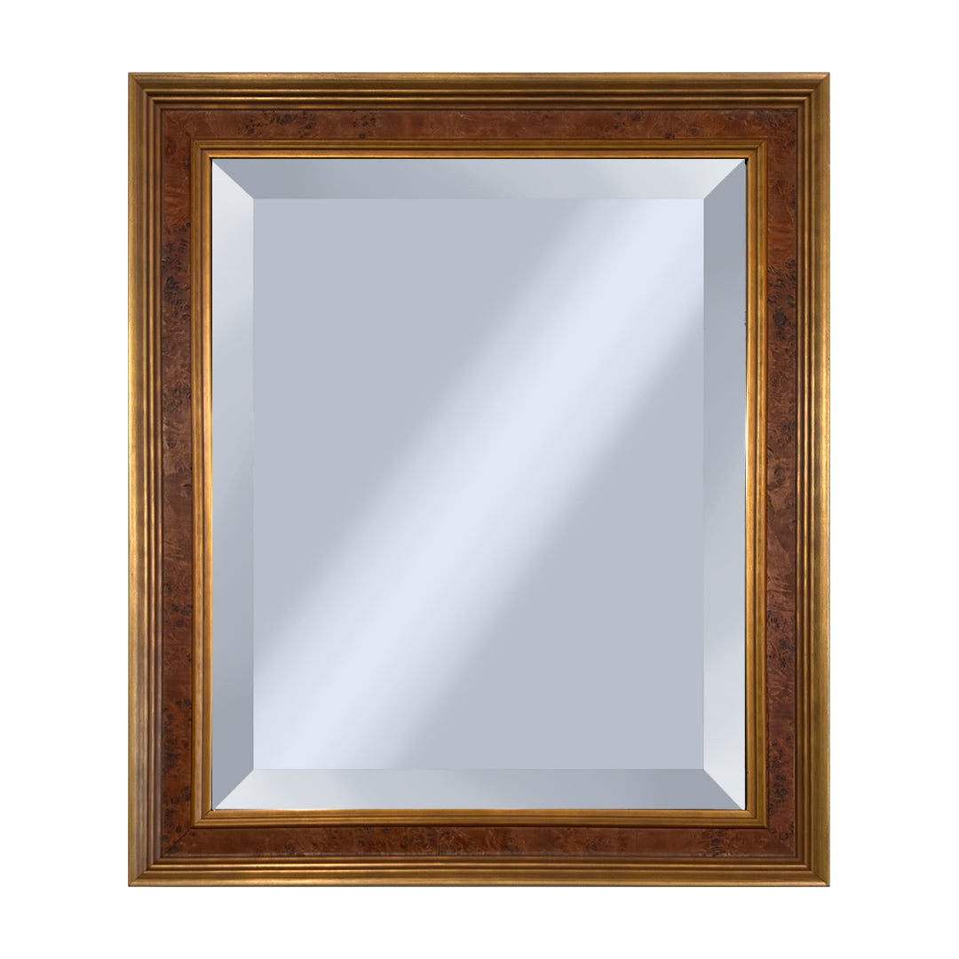 Decorative burl mirror with a gold frame on a white background