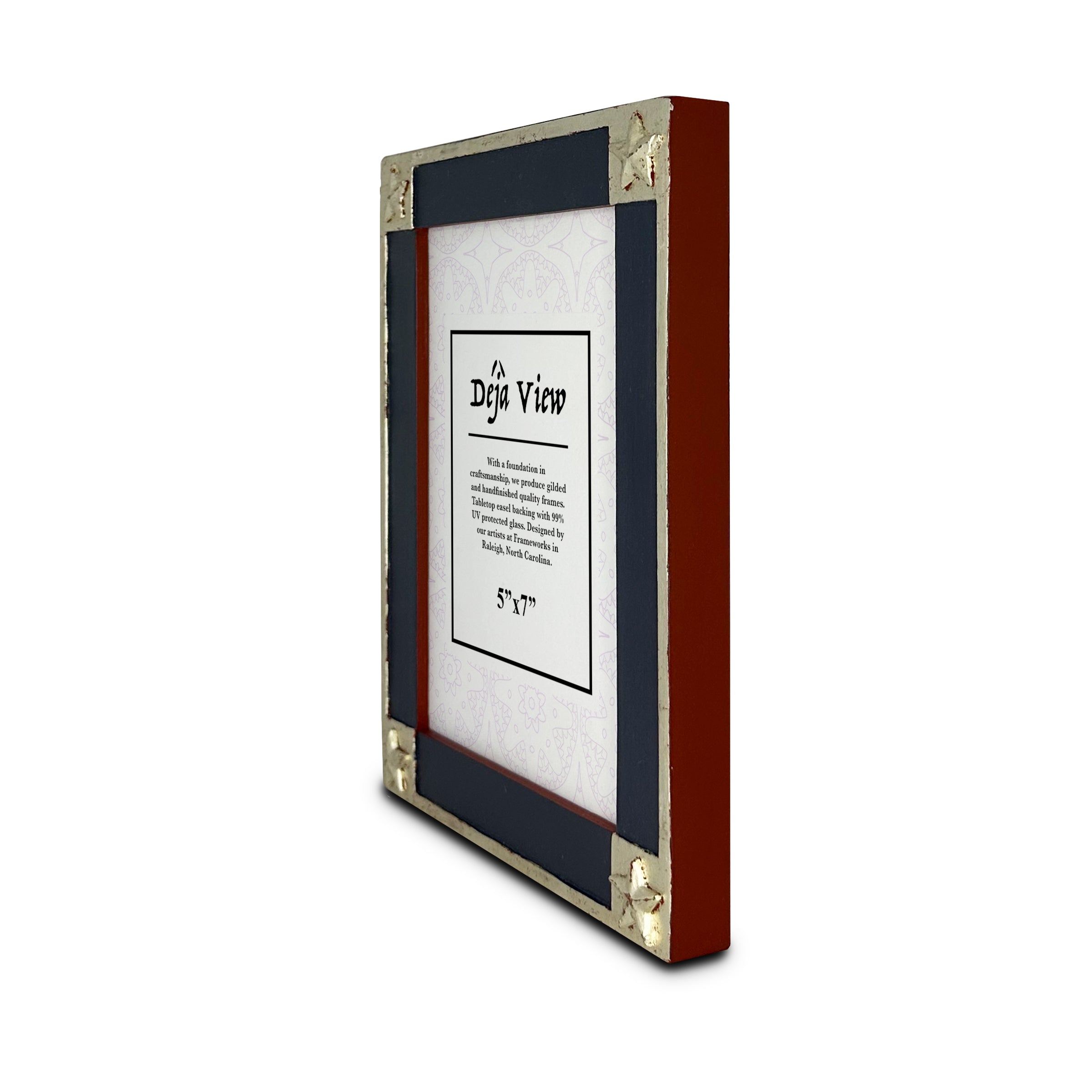 Handmade decorative picture frame with white gold star accents on a white background
