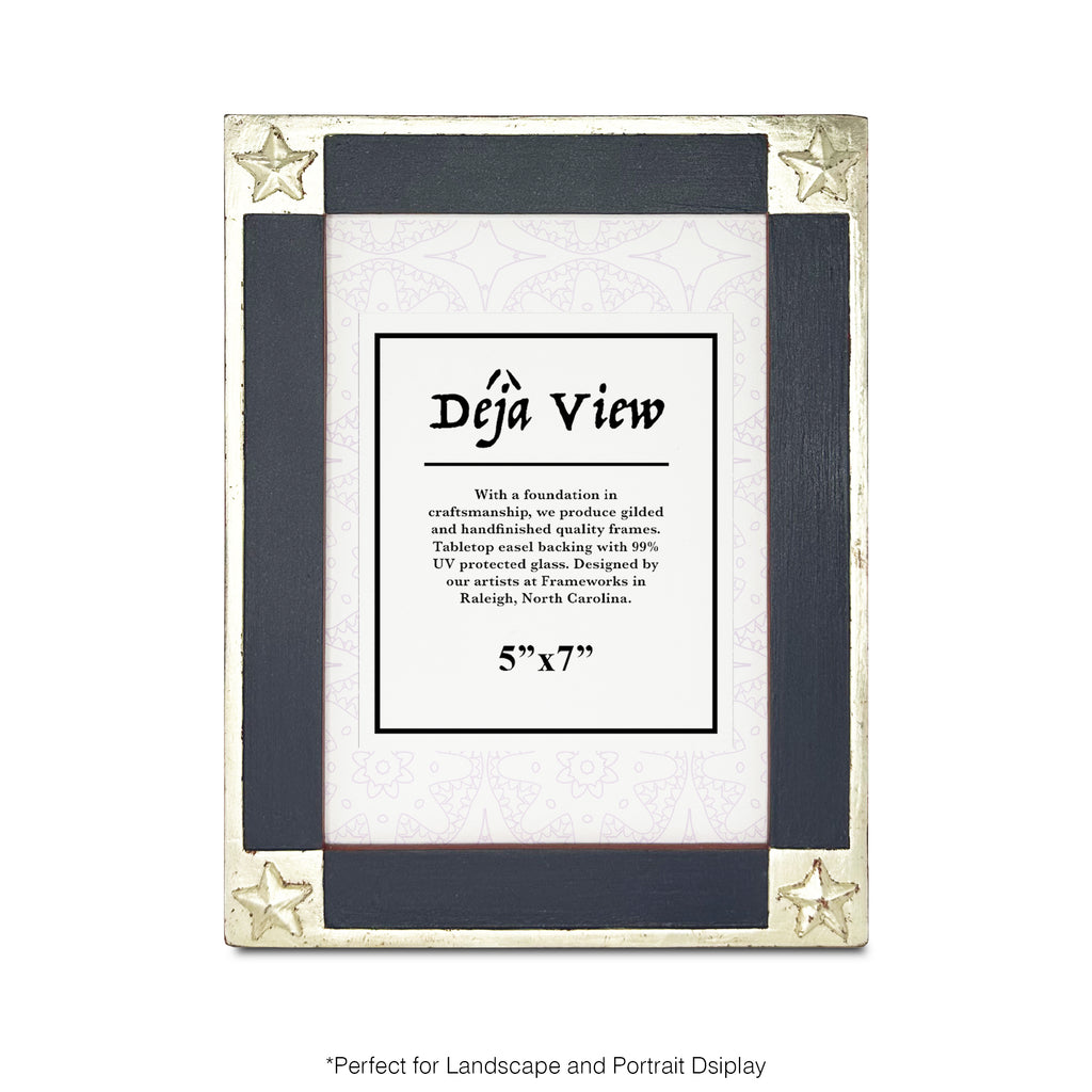 Handmade decorative picture frame with navy border and white gold star accents on a white background