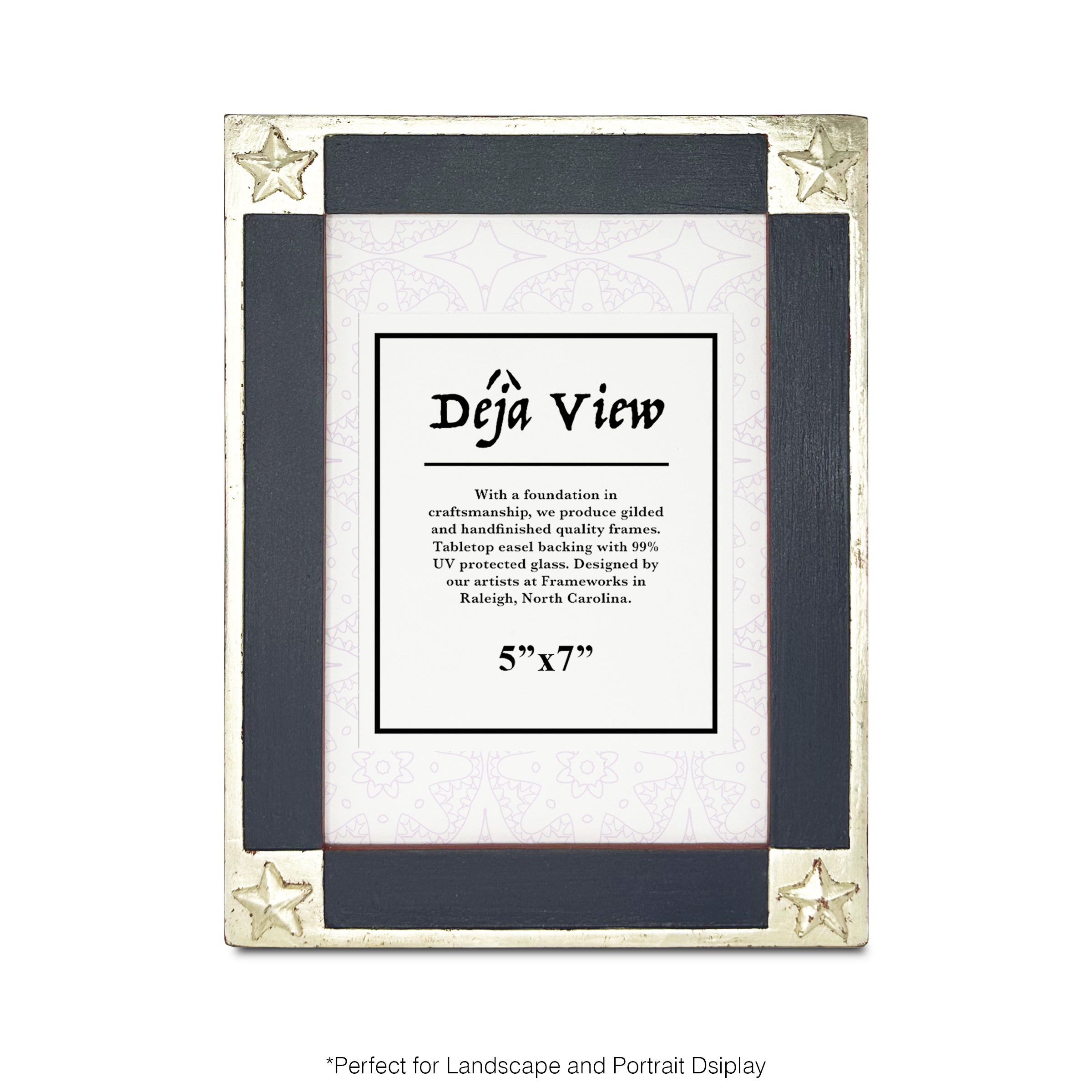 Handmade decorative picture frame with navy border and white gold star accents on a white background
