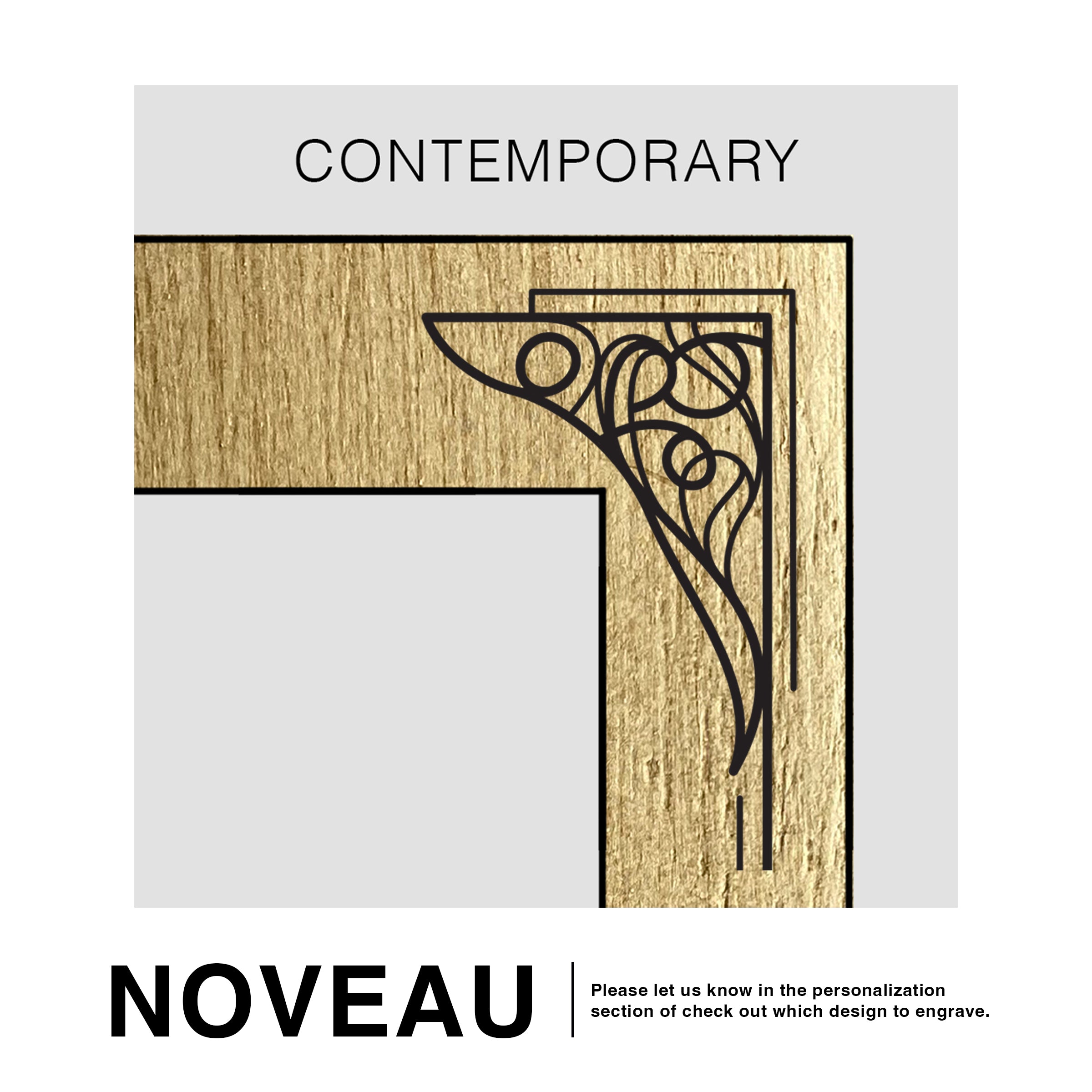 Wooden door with decorative corner design and 'Contemporary NOUVEAU' text on a white background
