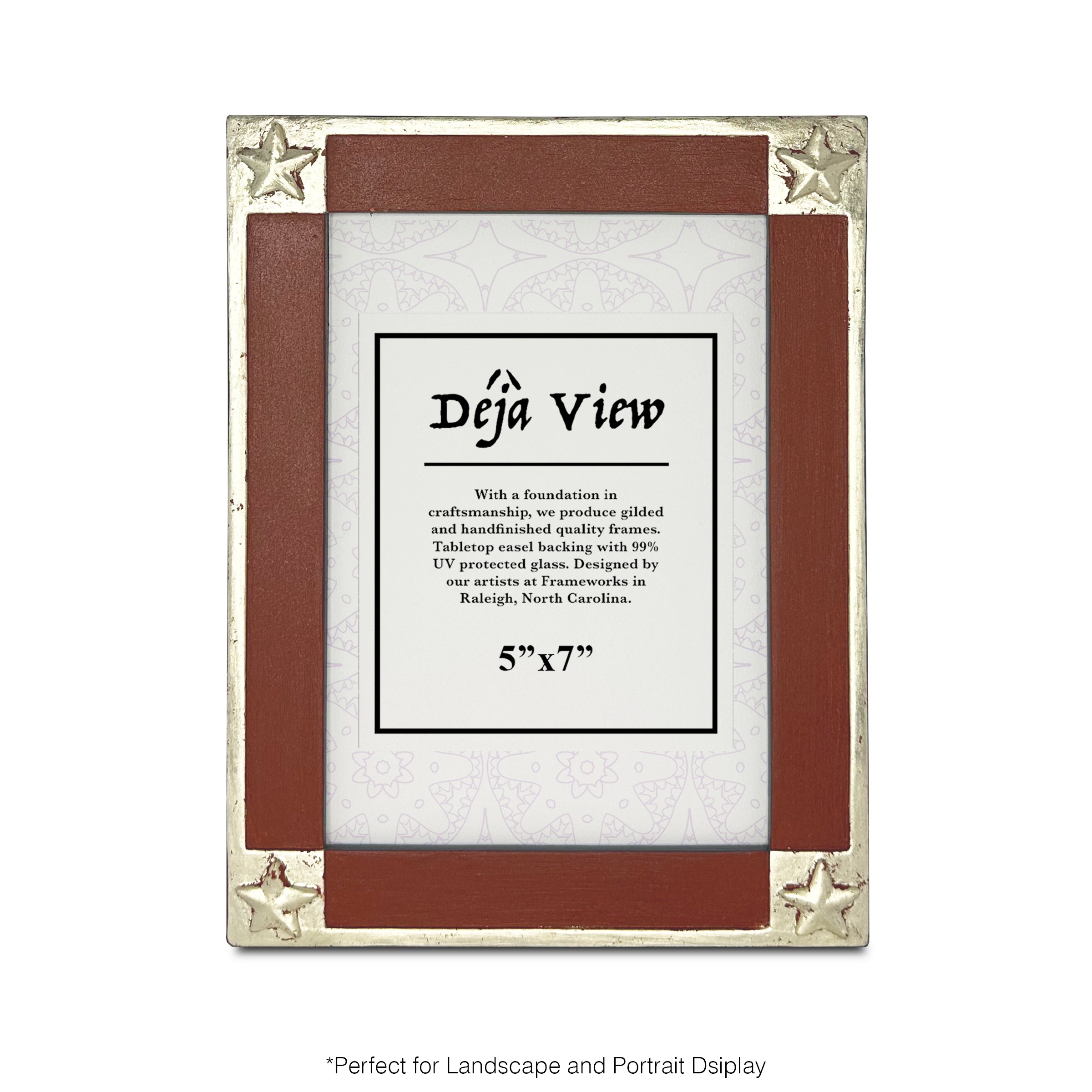 Handmade decorative picture frame with red, blue and white gold accents on a white background