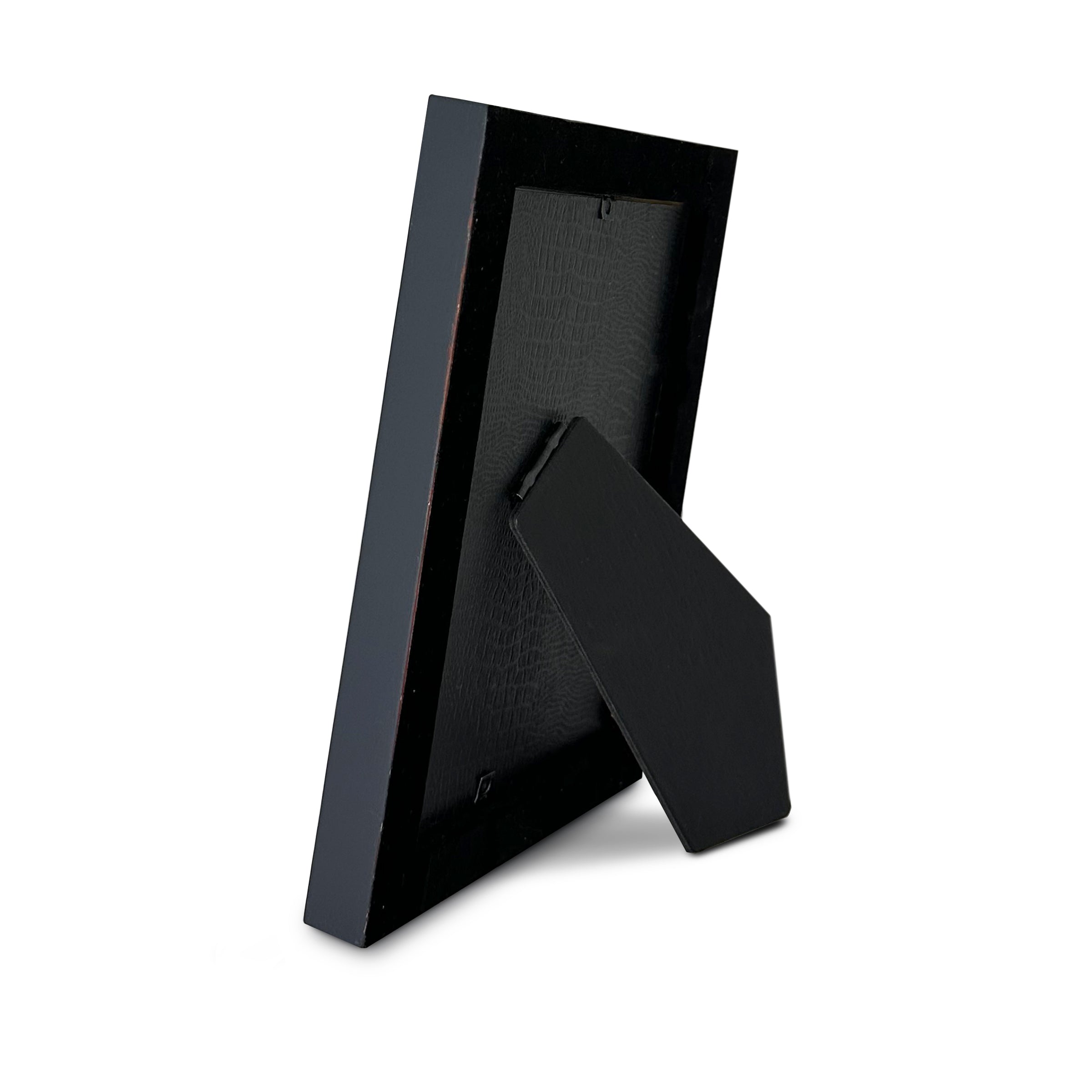 Black velvet lined back of Patriot photo frame with blue sides and easel back stand on a white background
